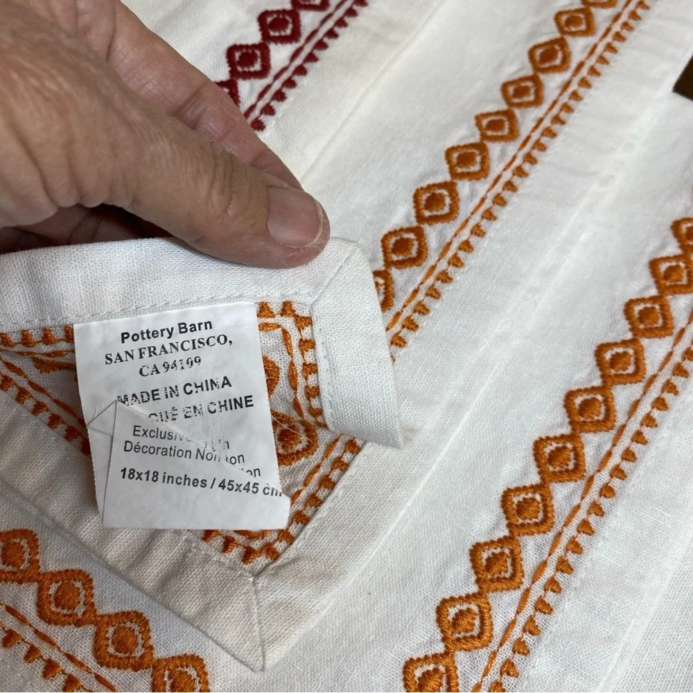 Vintage Pottery Barn (4)‎ Linen Cotton Napkins White Embroidered Border 18x18